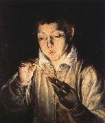 A Boy blowing on an Ember to light a candle El Greco